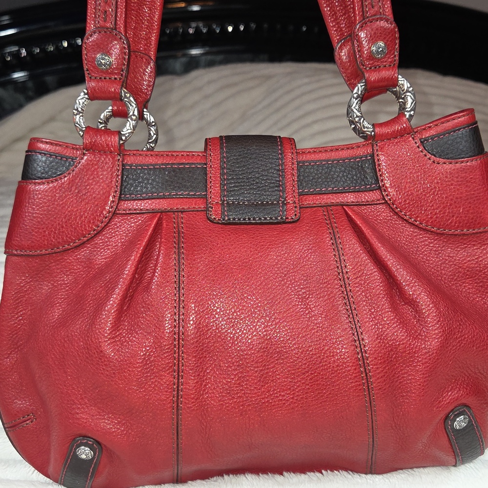 BRIGHTON Red Leather Handbag With Black Trim, Silver Hardware and Heart Charm - Picture 4 of 13
